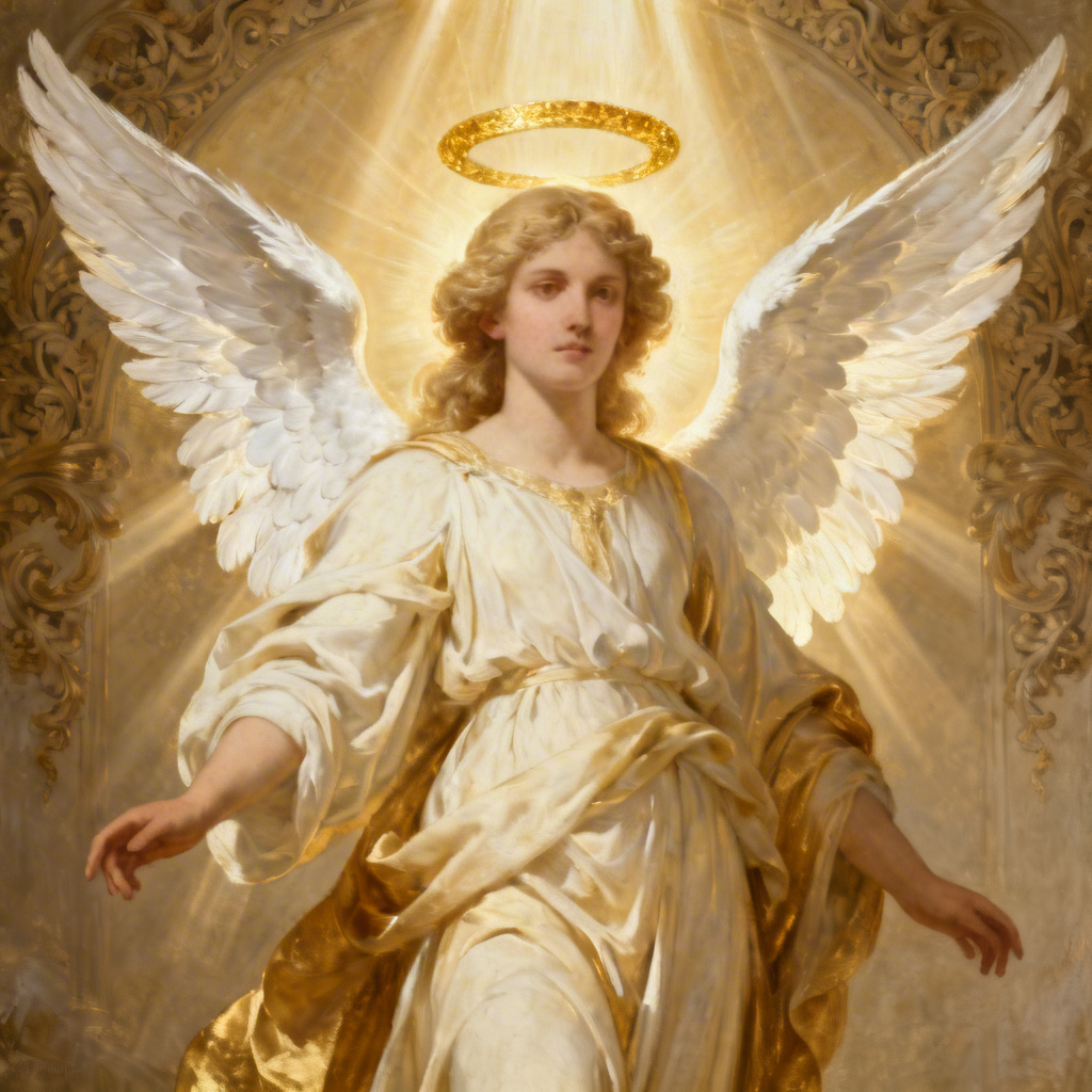 Ethereal guardian angel with golden halo and white wings