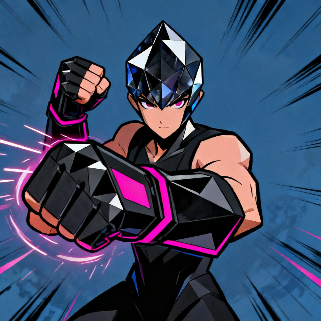 AI onyx brawler gemsona punching stance with dark geometric gauntlets