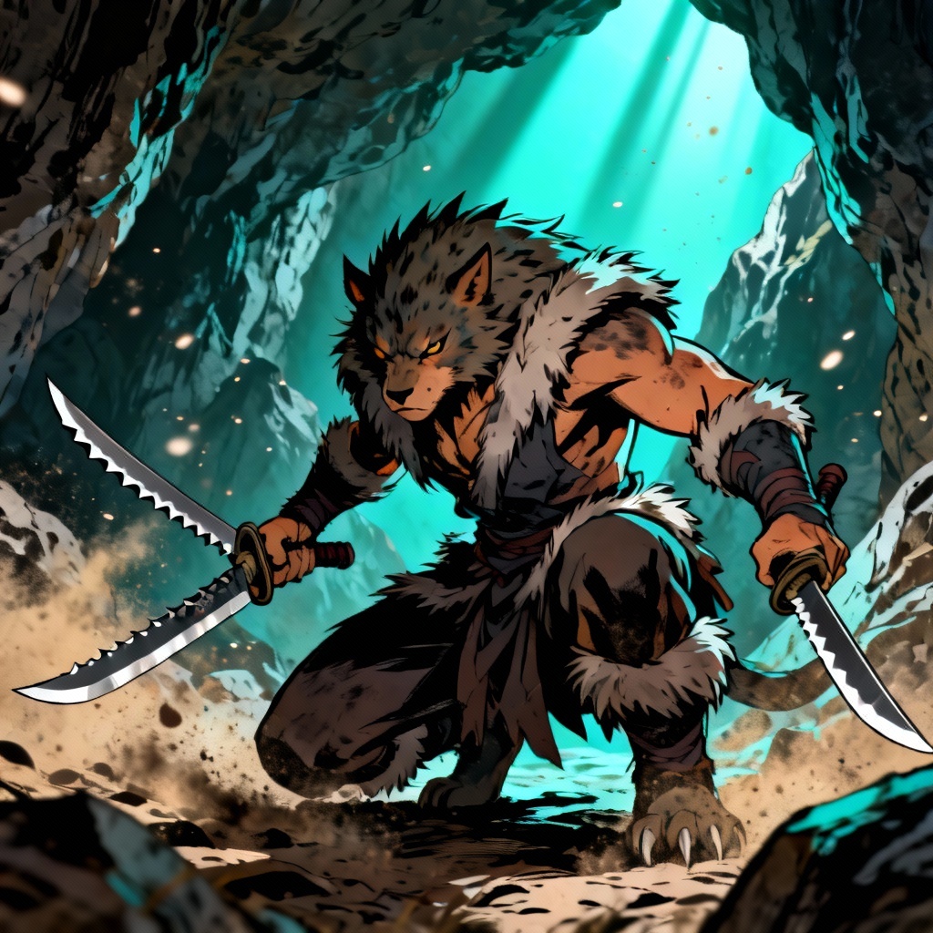 AI beast-themed dual blades fighter in mountain cave