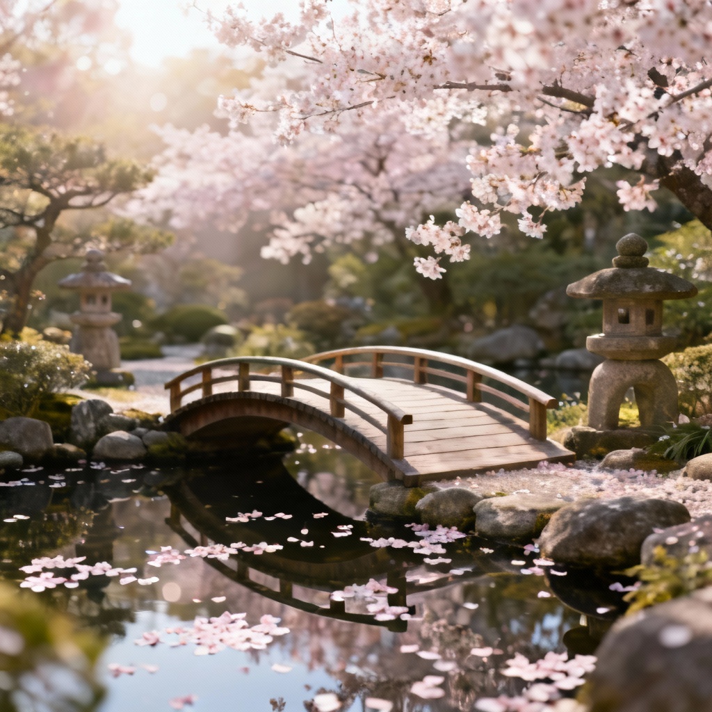 AI cherry blossom park footbridge over a reflection pond