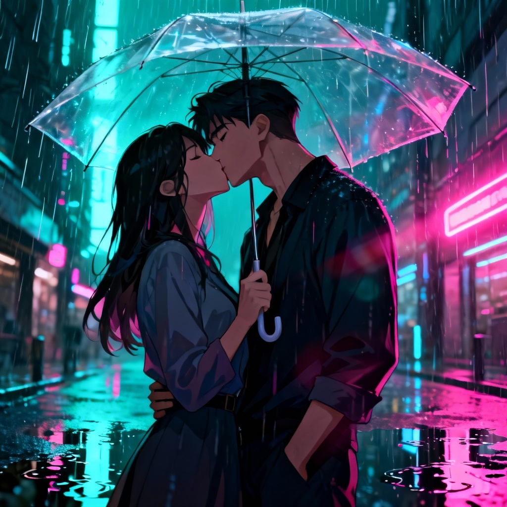 Anime couple kissing under neon umbrella in the rain