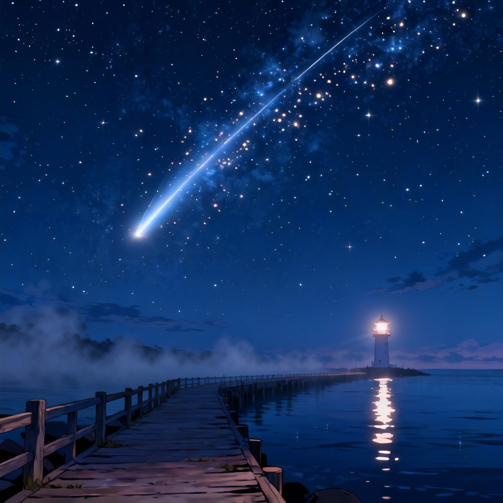 Coastal night sky with bright comet over a calm sea in anime style