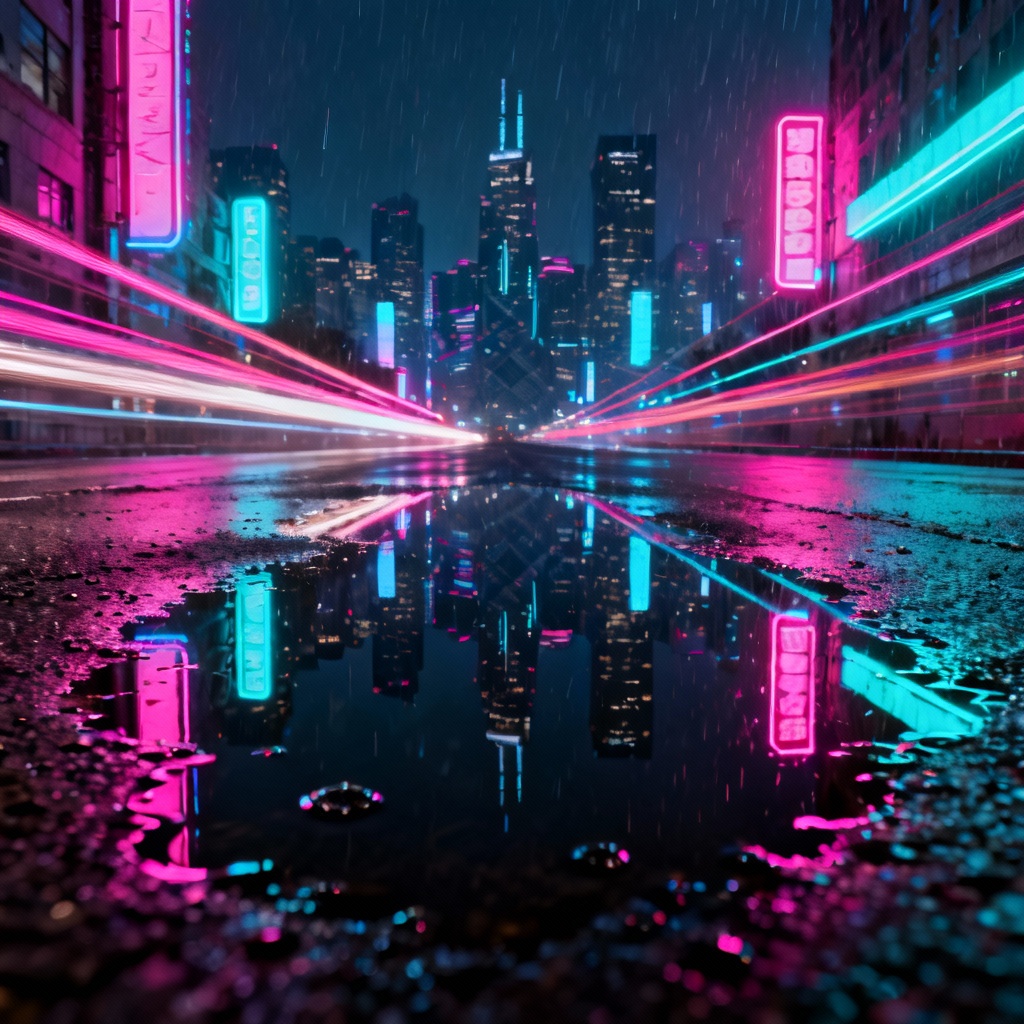 AI neon cityscape with kaleidoscope reflections and prismatic glow