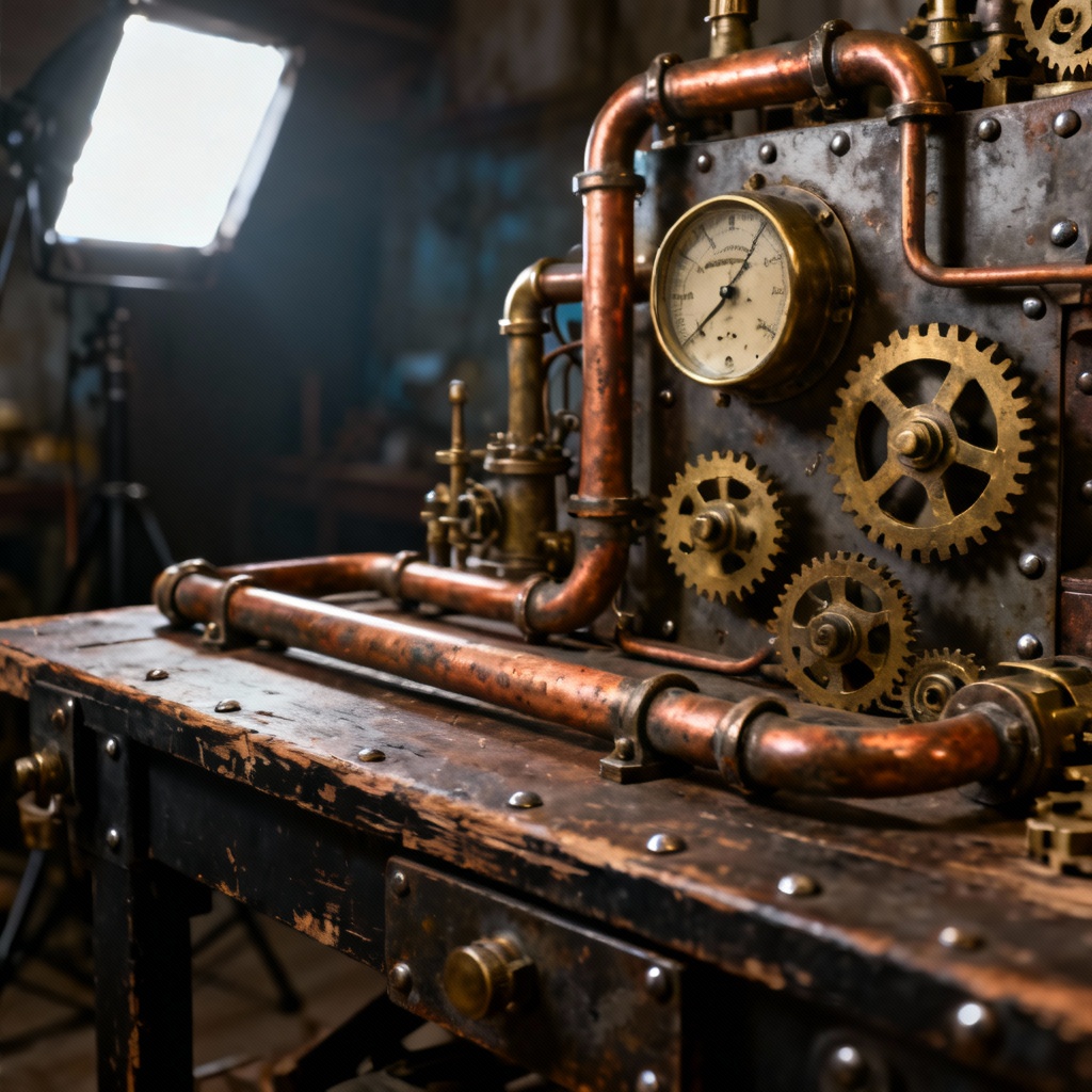 AI steampunk industrial workbench with gears and gauges