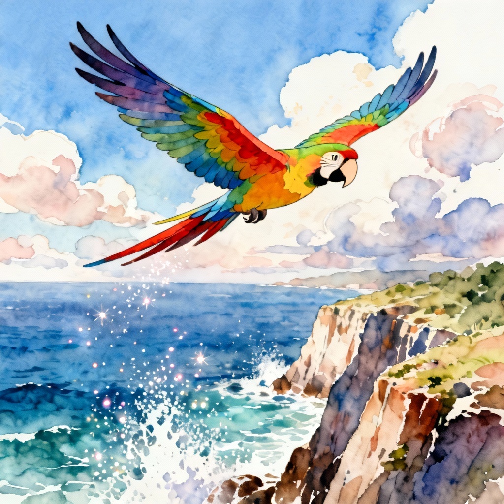 Anime parrot flying above seaside cliffs