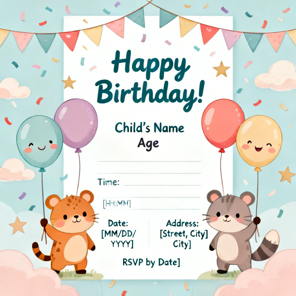 AI kids birthday party invite in pastel cartoon style