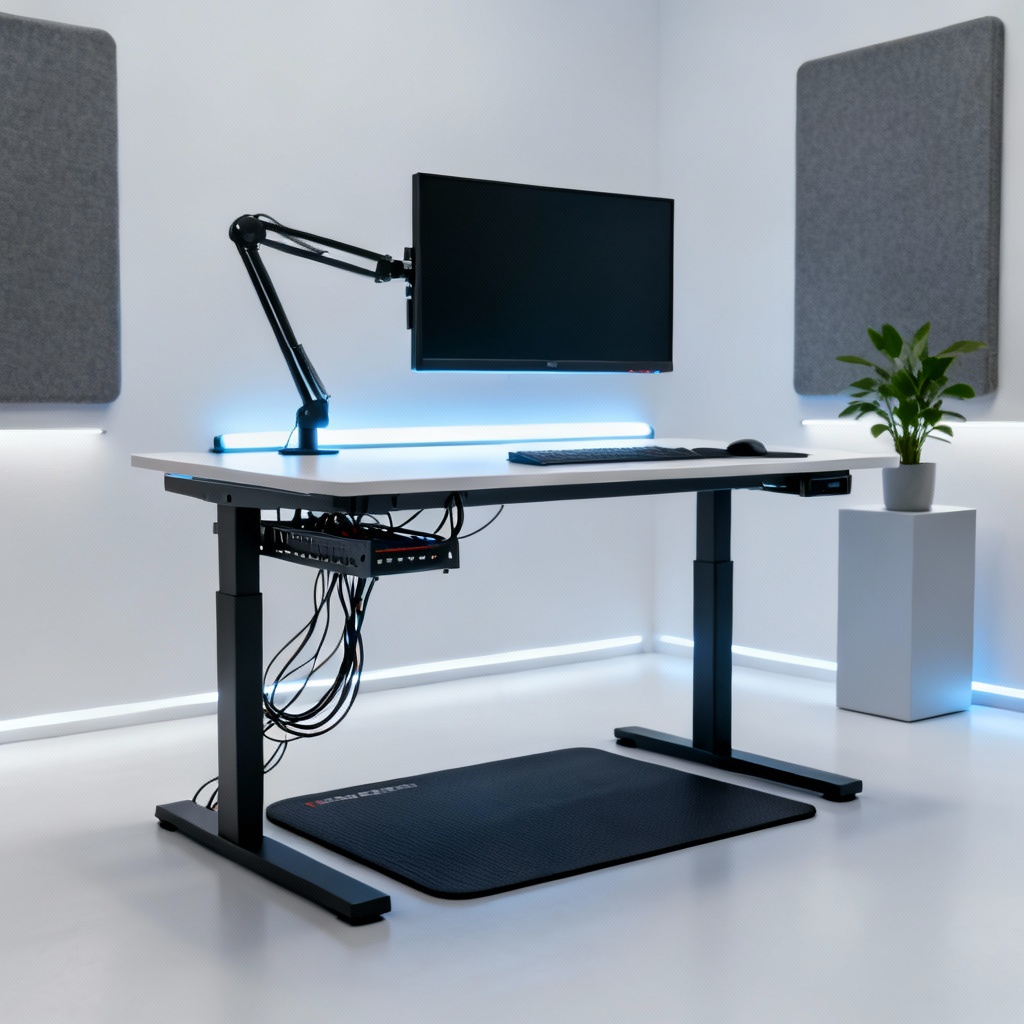 AI ergonomic standing desk home office with monitor arm and acoustic panels