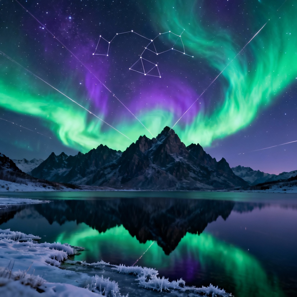 Aurora night sky with constellations and star trails