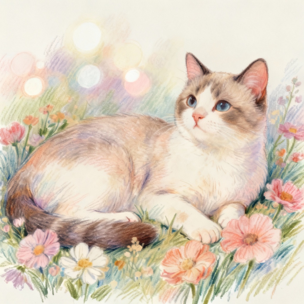 AI pastel colorful cat garden sketch