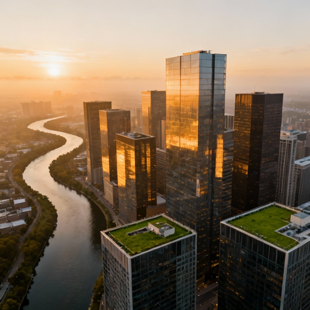 AI sunrise skyline aerial view of modern city