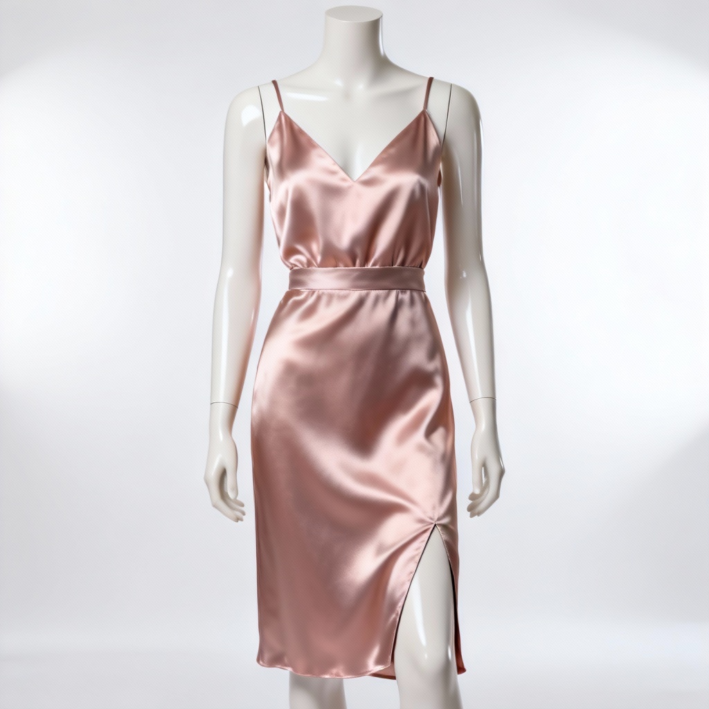 AI modern satin slip empire waist dress on mannequin