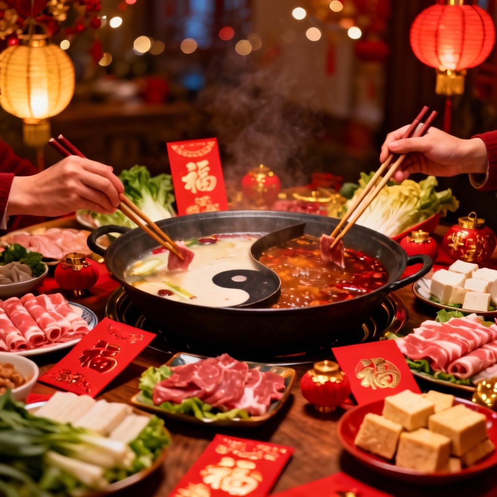 Lunar New Year family style hotpot scene with yin yang pot