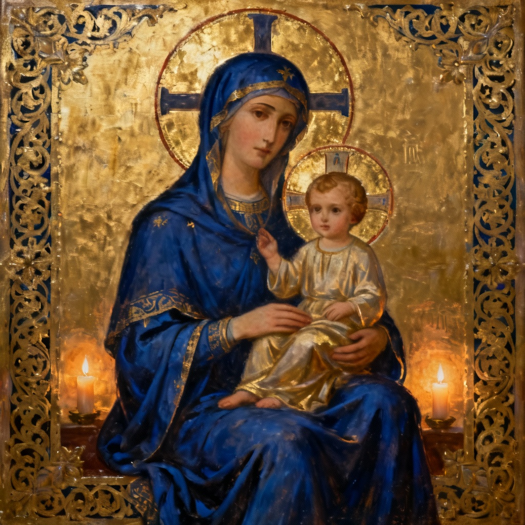 AI Catholic icon of Madonna and Child in gold leaf style