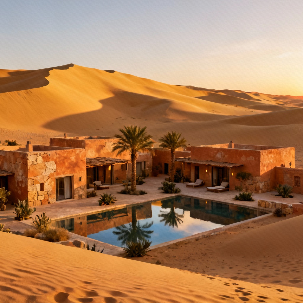 AI desert luxury spa retreat among sand dunes at dusk
