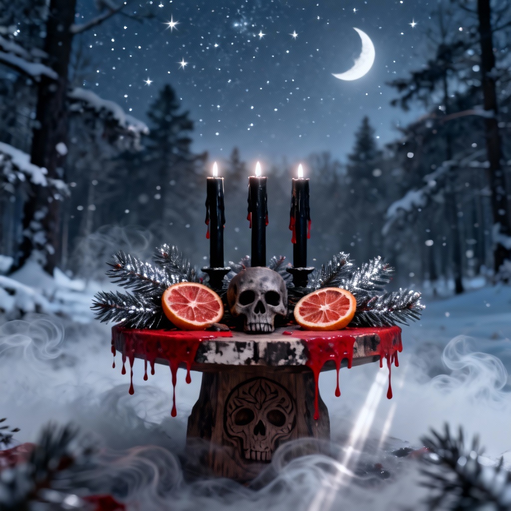 AI witchy Yule altar with dark holiday aesthetic