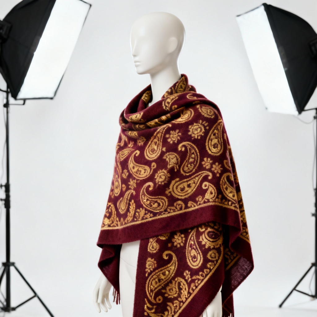 Classic paisley cashmere shawl on mannequin three-quarter view
