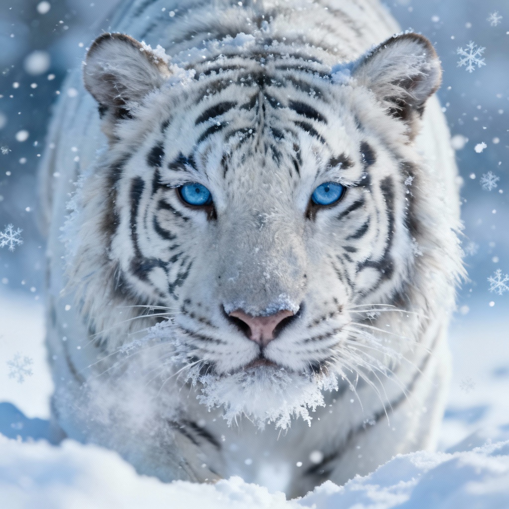 AI white tiger portrait in snow with icy blue eyes