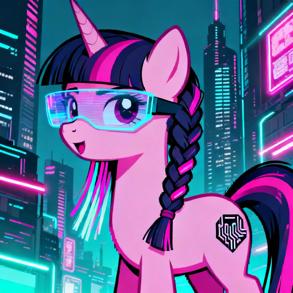 Cyberpunk alicorn OC with neon accents and visor