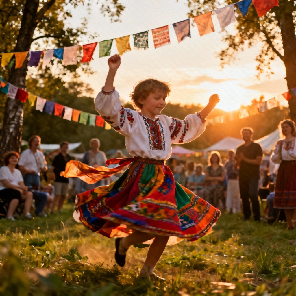 AI child performing folk dance at a festival