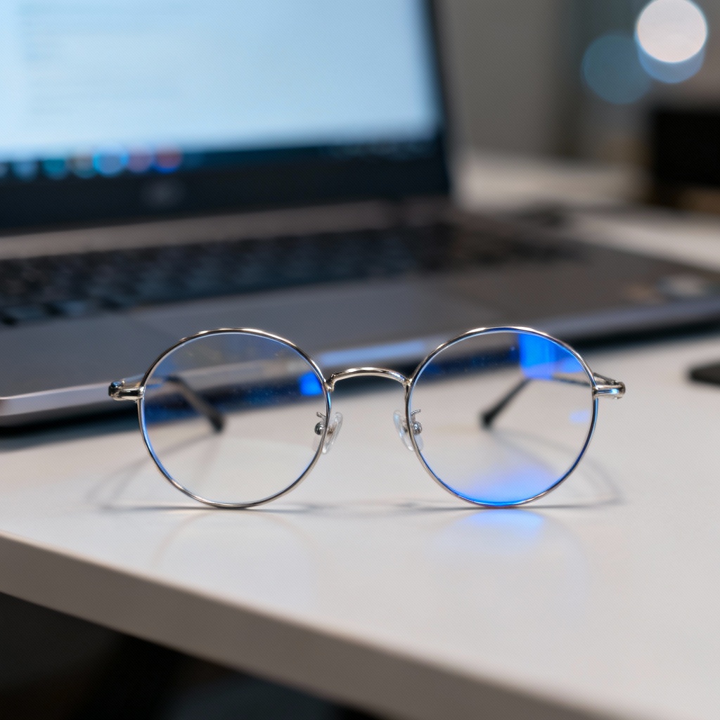 AI eyewear generator round wire blue-light glasses close-up