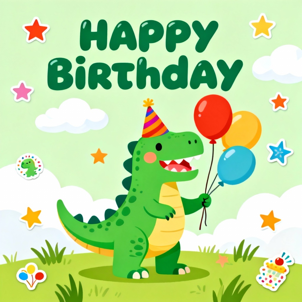 Kids dinosaur birthday card with cartoon T rex holding balloons