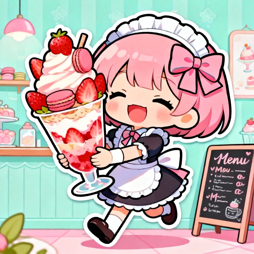 AI chibi maid carrying parfait in cute cafe