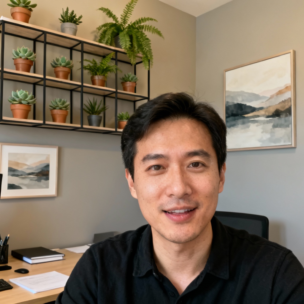 AI Zoom-ready home office background with styled bookshelf wall