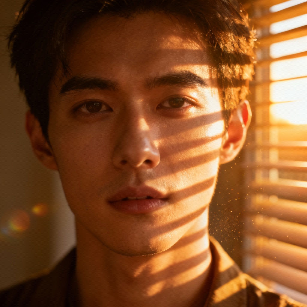 Portrait with warm sunset rim light and window blind shadow pattern
