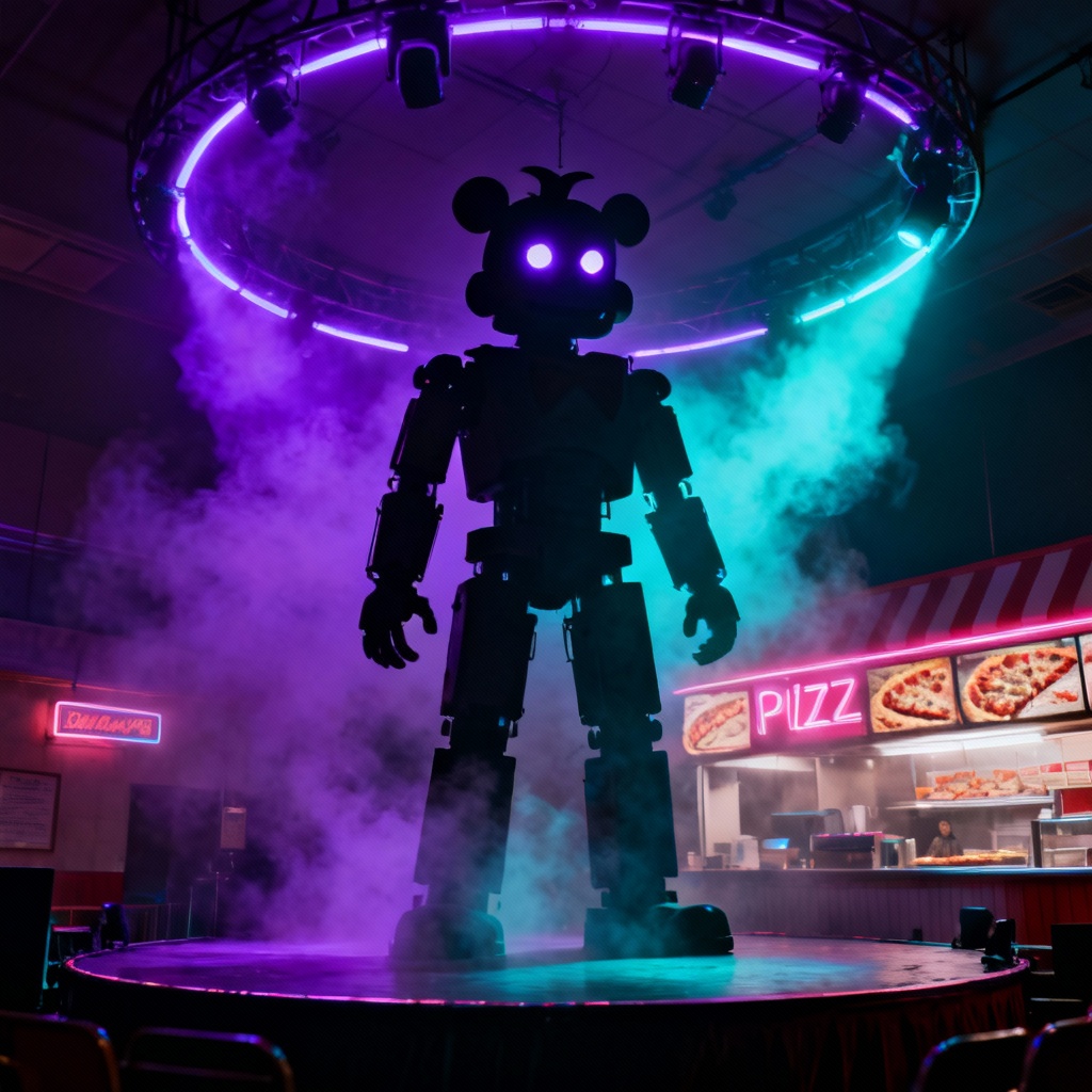 AI FNAF-style animatronic mascot on neon stage