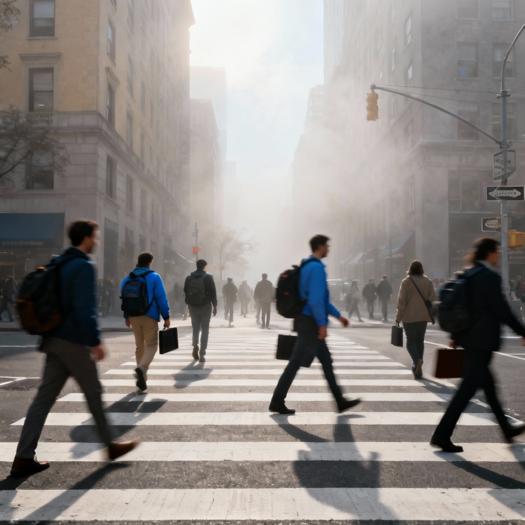 AI morning crosswalk with diverse commuters