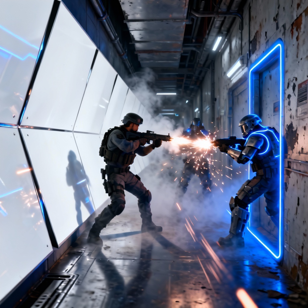 AI sci fi corridor shootout with sparks and fog