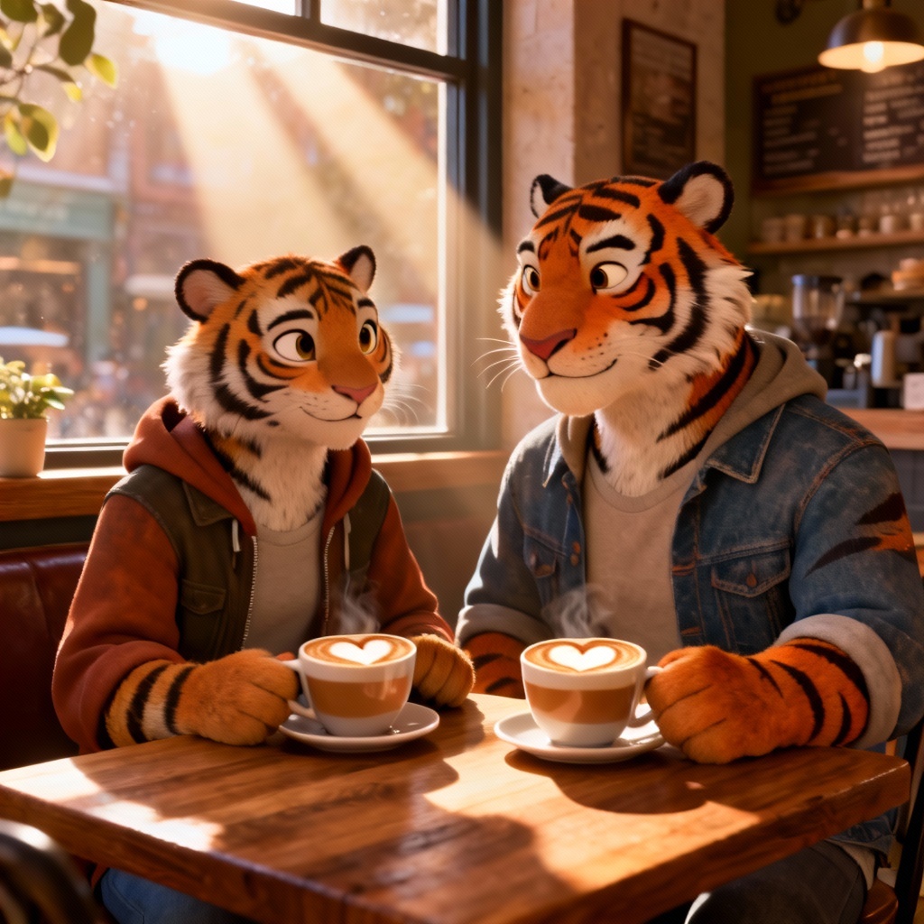 Zootopia style tiger couple on a coffee date