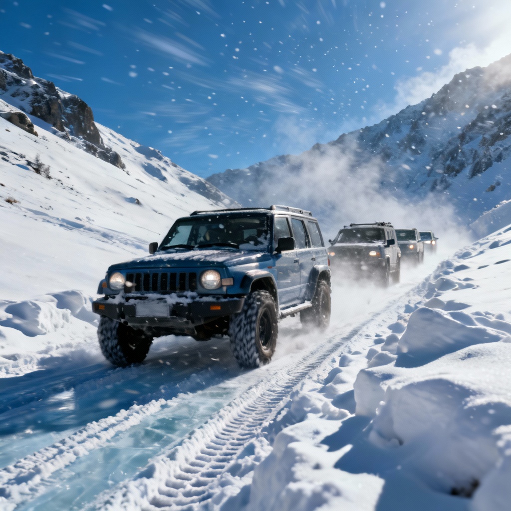 AI convoy of off-road SUVs on snowy mountain pass
