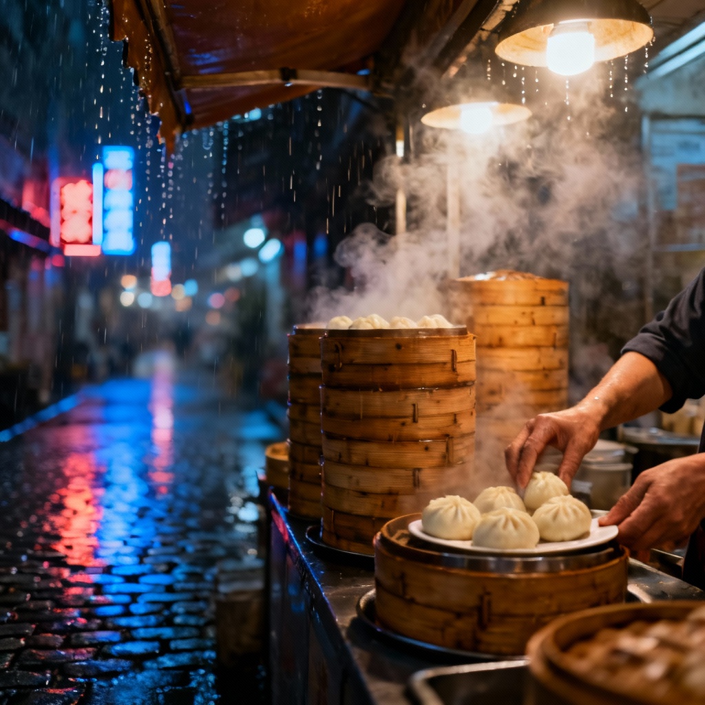 Cinematic dim sum stall at night with steaming baskets
