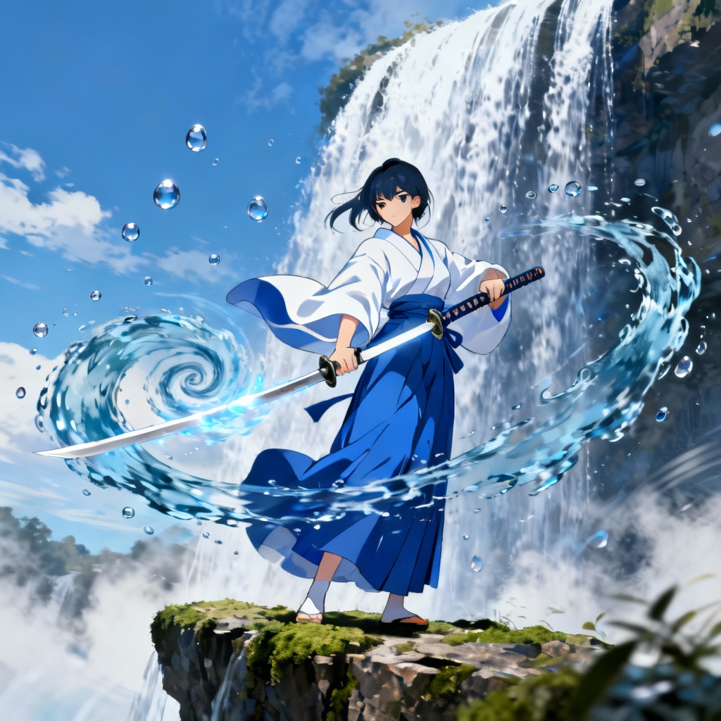 AI water breathing swordswoman by a waterfall