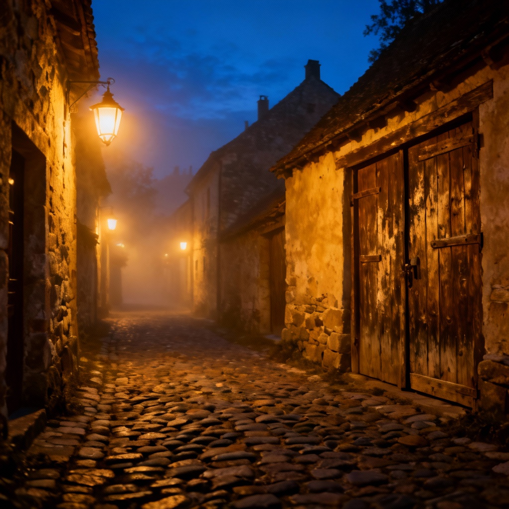 AI lantern-lit village at night with warm glow