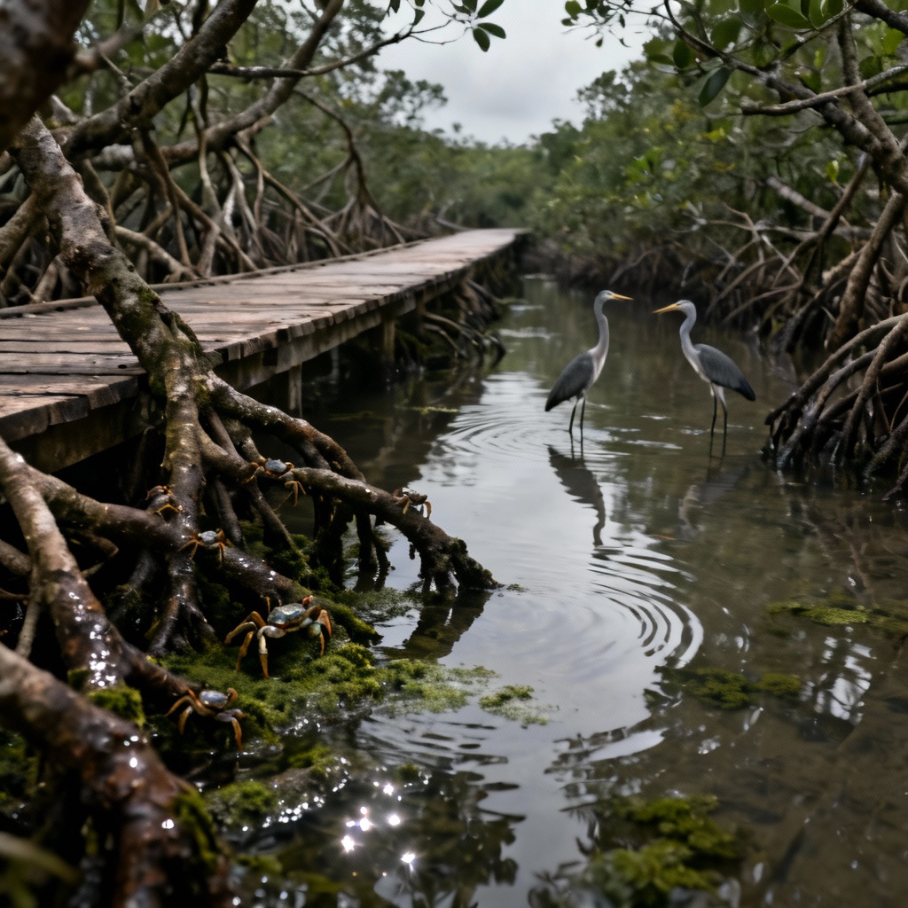 AI mangrove swamp with wooden boardwalk and reflections