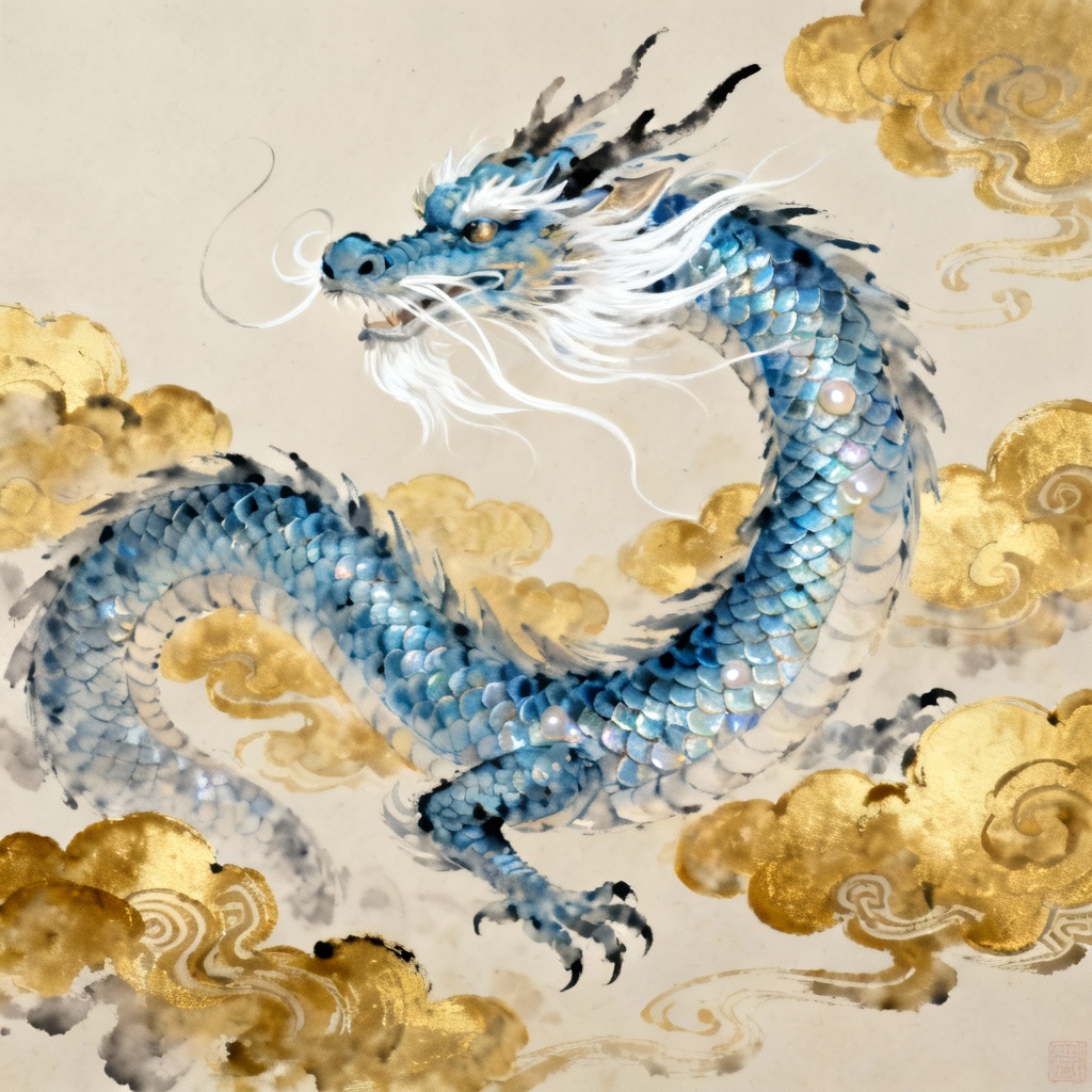 Elegant Chinese dragon in ink wash with golden clouds