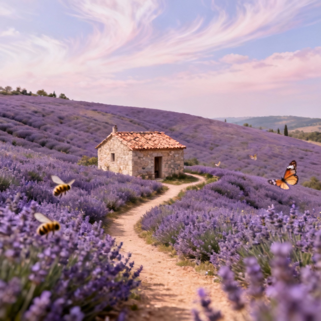 AI pastoral lavender field with farmhouse and rolling hills