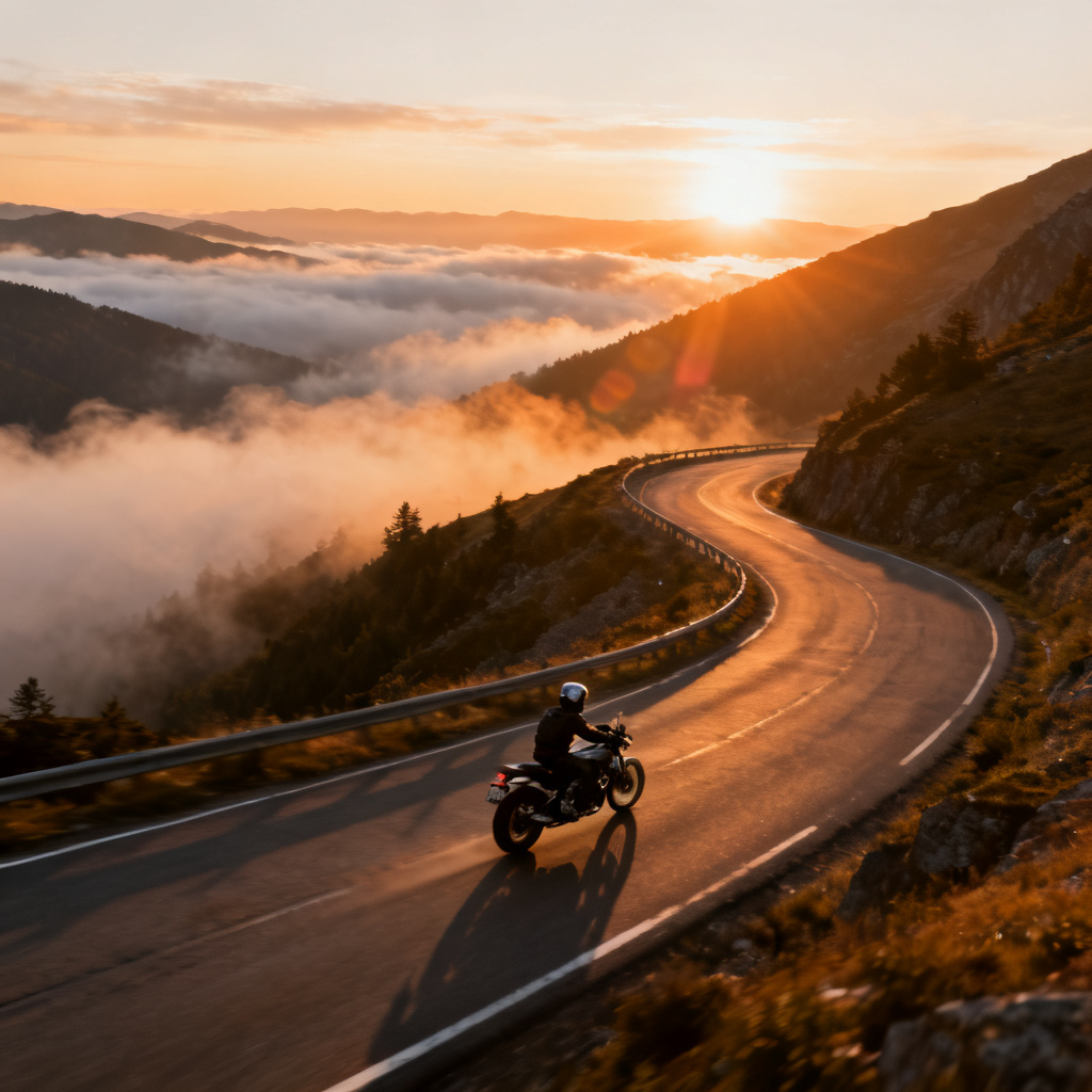 AI touring motorcycle animation on mountain road