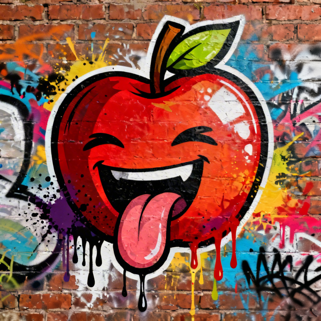 Graffiti apple character with tongue out on wall