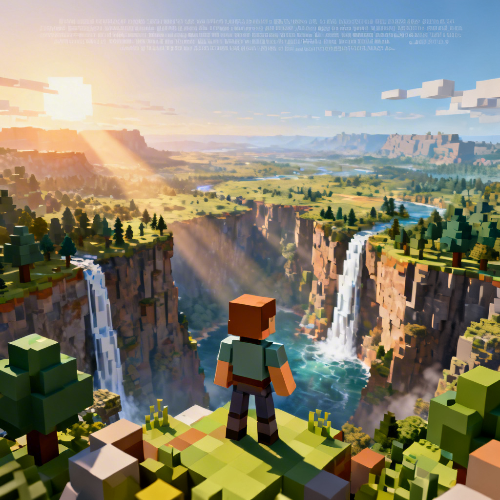 AI Minecraft poster of a hero on a cliff panorama