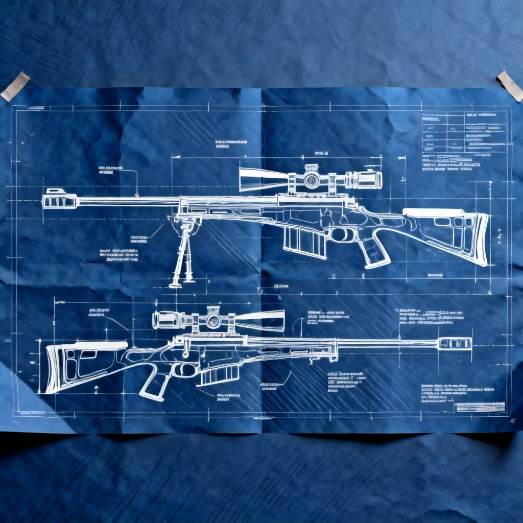 Blueprint-style sniper rifle technical drawing