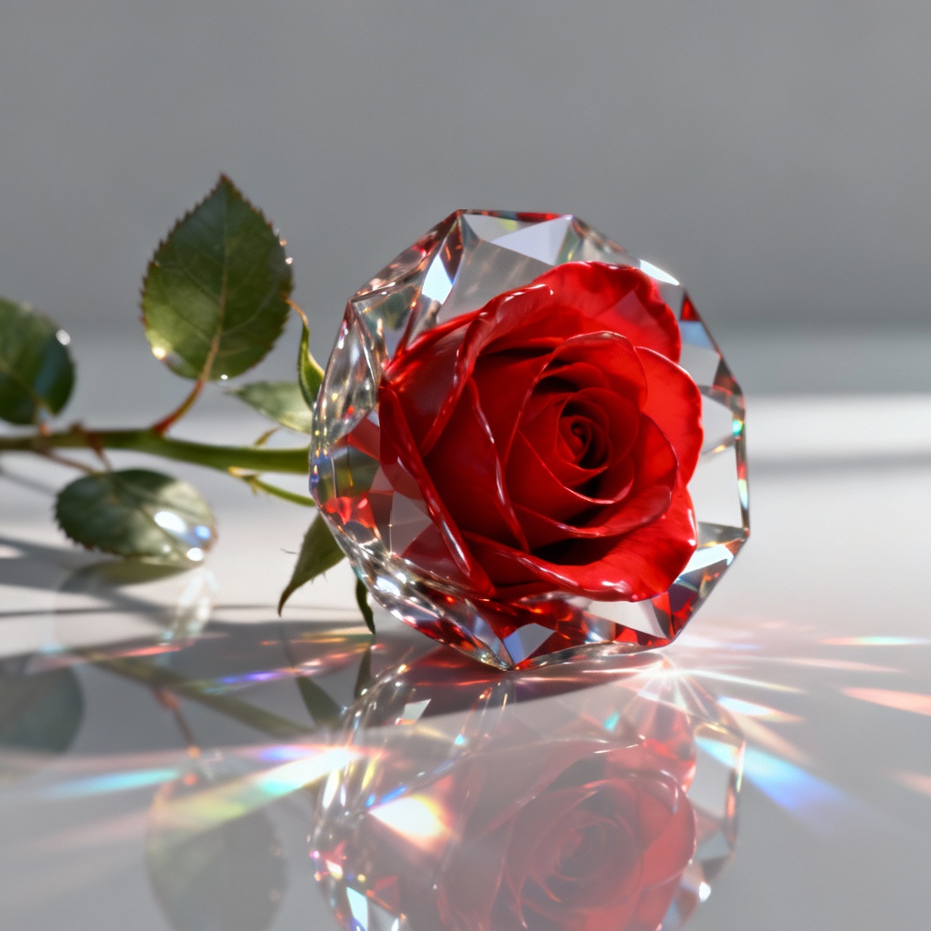 Translucent 3D glass red rose on reflective surface