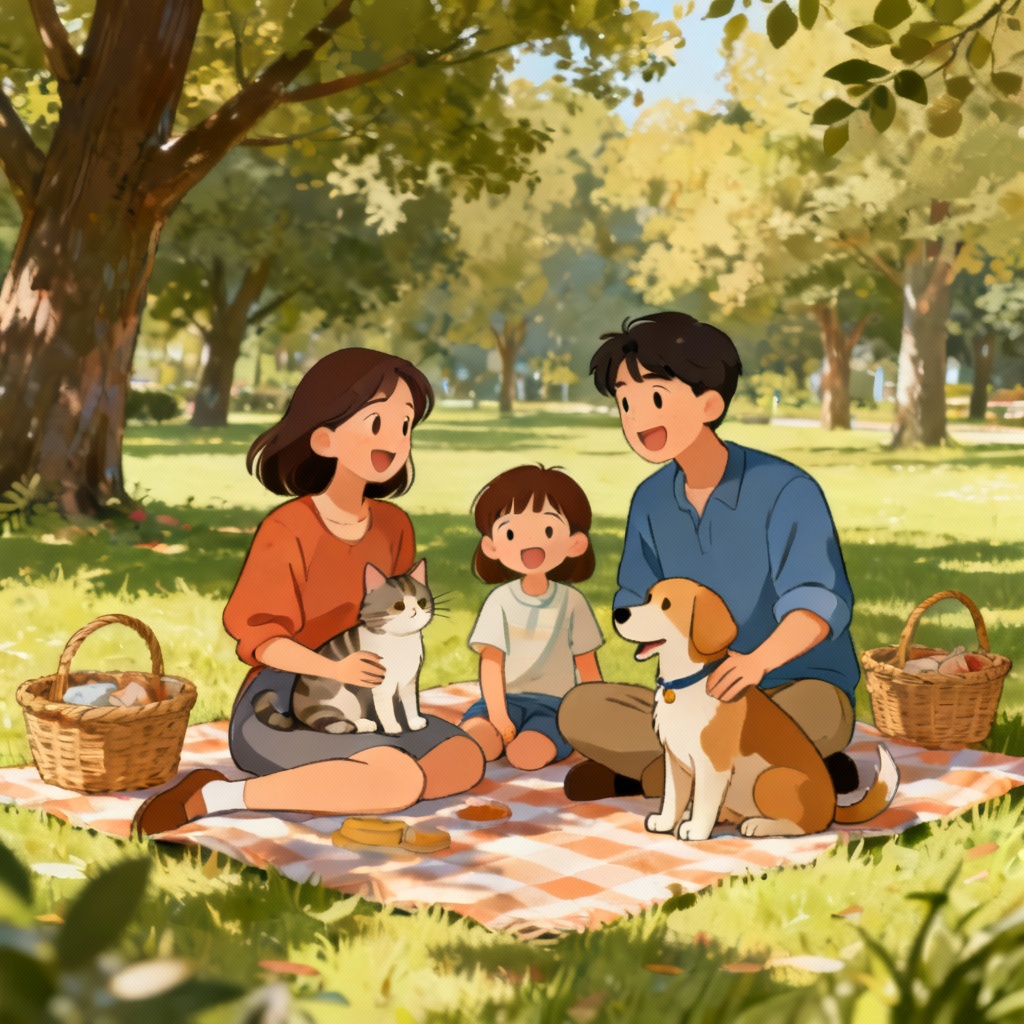 AI cartoon family picnic with pets