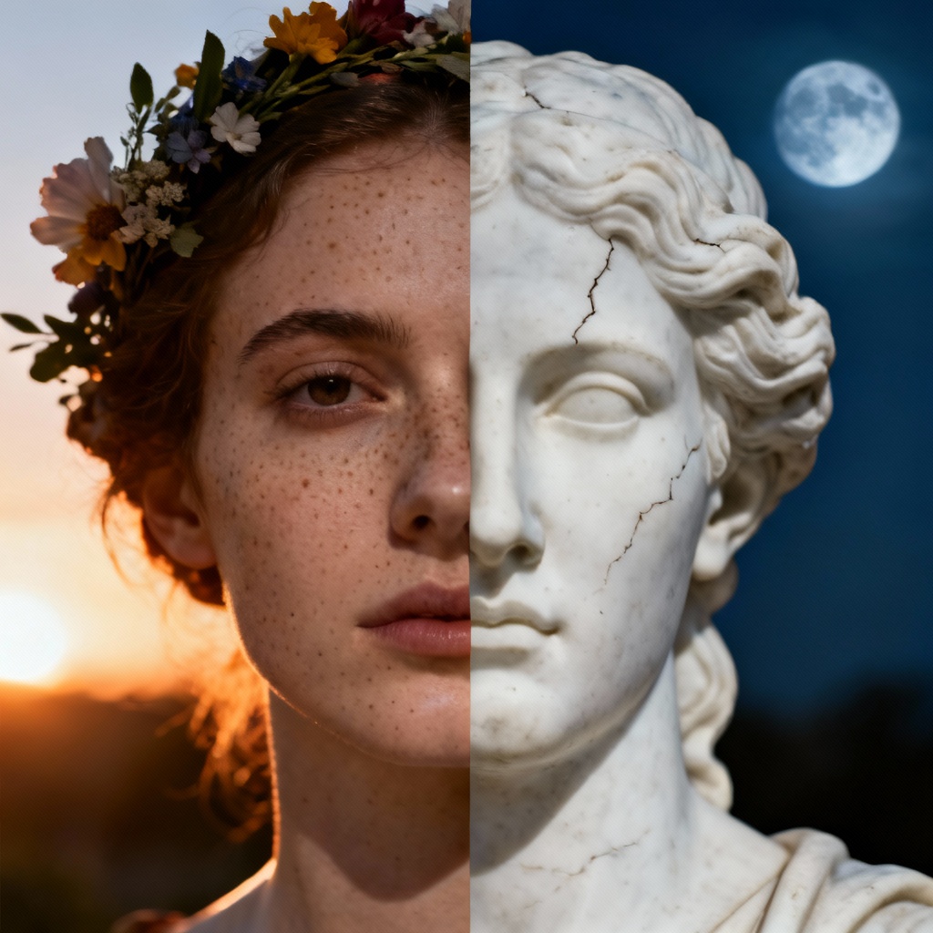 AI duality portrait half living face half marble statue