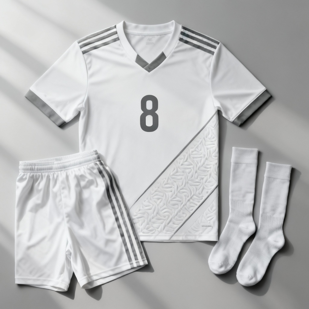 AI minimalist monochrome soccer kit flat lay