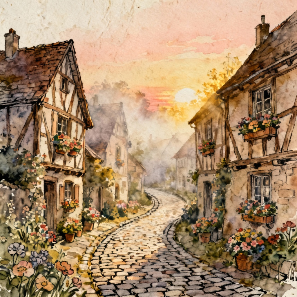 AI watercolor village at sunrise with flower-lined streets