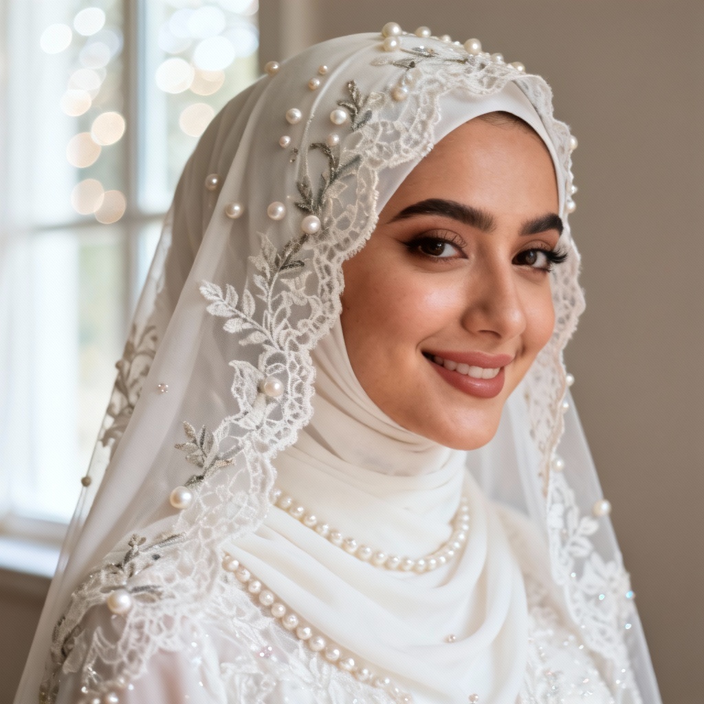 AI modest bridal hijab portrait with lace details and soft glow