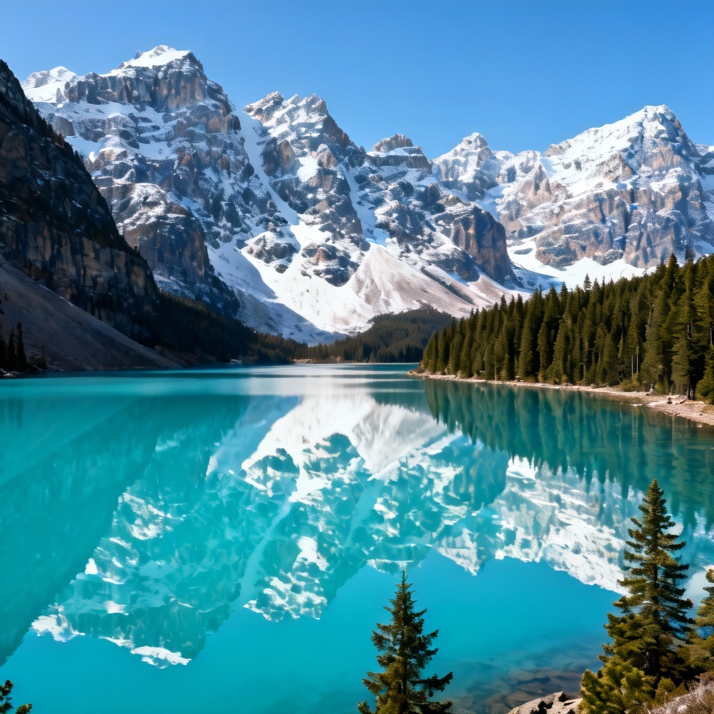 Crystal alpine lake reflecting snow-capped peaks